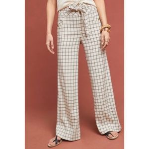 Anthropologie Cream & Black Windowpane Wide Leg Linen Belted Pants Contemporary